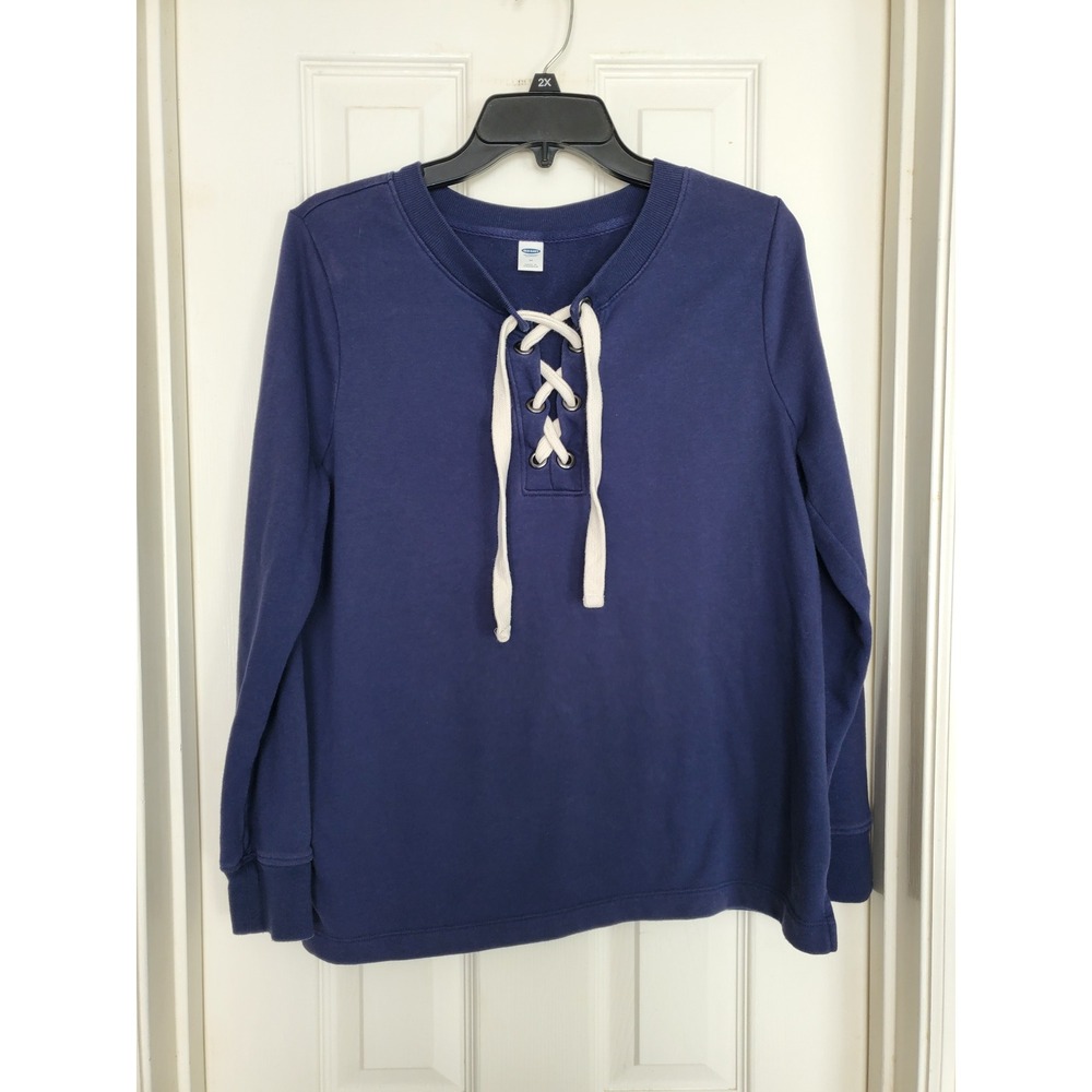 Old Navy Sweatshirt Navy Blue Lace Up Front Long Sleeve Pullover Casual Medium